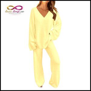 Fuzzy Fleece Loungewear Set V-Neck Drawstring Waist Winter Pajamas